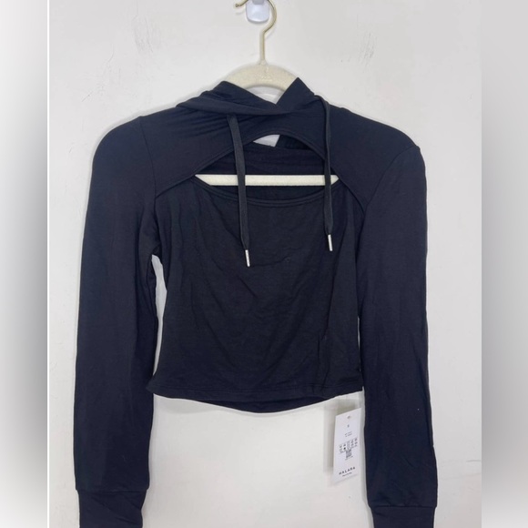 Halara Drawstring Cut Out Cropped Hoodie Sweatshirt in Black  Size :XS - Picture 3 of 4